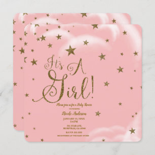 Invitación Estrellas Purpurinas rosadas y doradas es un Baby 