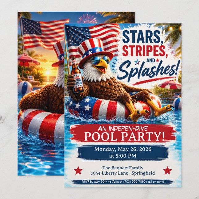 Invitación Estrellas Rayas y Salpicaduras Fiesta en la Piscin (Anverso / Reverso)