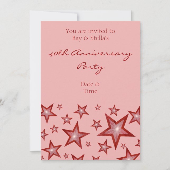 Invitación Estrellas rojas '40º Aniversario' vertical rosa (Anverso)