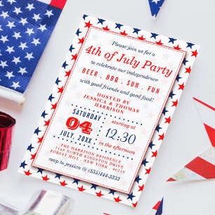 Invitación Estrellas Rojas, Blancas Y Azules 4 De Julio Fiest