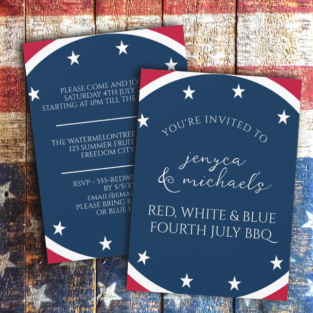 Invitación Estrellas rojas blancas y azules patrióticas 4 de  (Let's all enjoy a great time together with Family, Food and Fireworks)