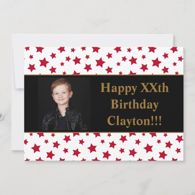 Invitación Estrellas rojas con mensaje de foto fiesta de cump (Anverso)