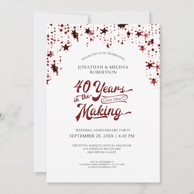 Invitación Estrellas Rojas Rubí 40 Aniversario 40 AÑOS (Anverso)