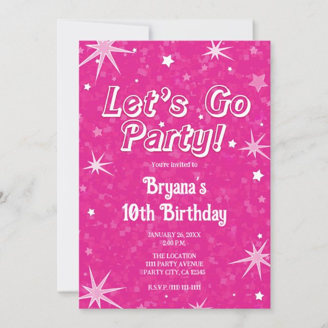 Invitación Estrellas rosadas calientes Vamos Fiesta Cumpleaño (Anverso)