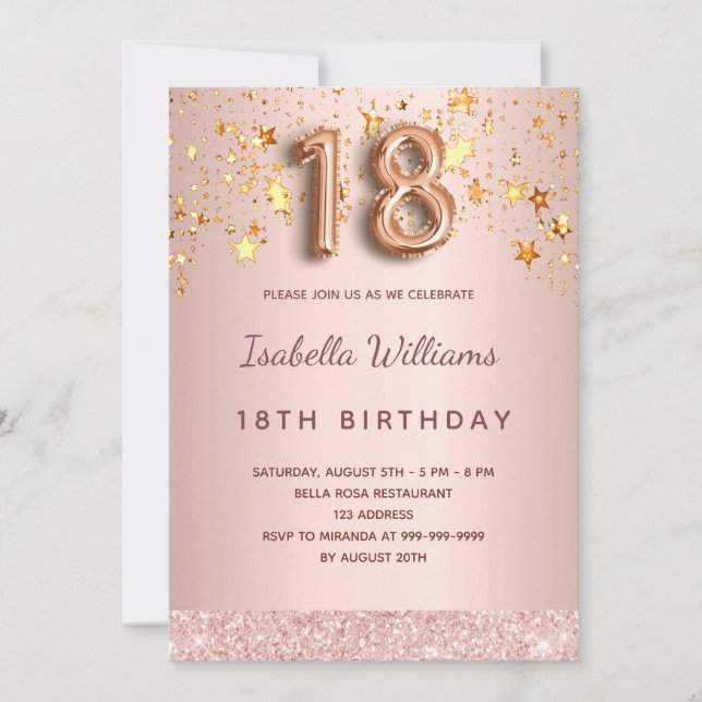 Invitación Estrellas rosadas de oro Rosa 18 años (Anverso)