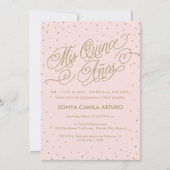 Invitación Estrellas rosadas y de oro Quinceañera 15 cumpleañ (Anverso)