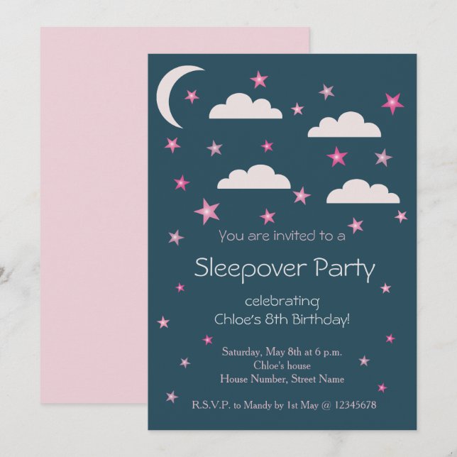 Invitación Estrellas rosas Nubes azul Fiesta de la suspensión (Anverso / Reverso)