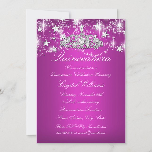 Invitación Estrellas Tiara de chispa rosa caliente Quinceaner (Anverso)