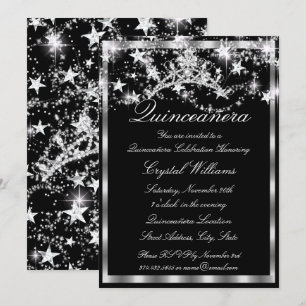 Invitación Estrellas Tiara de plata negra Quinceanera