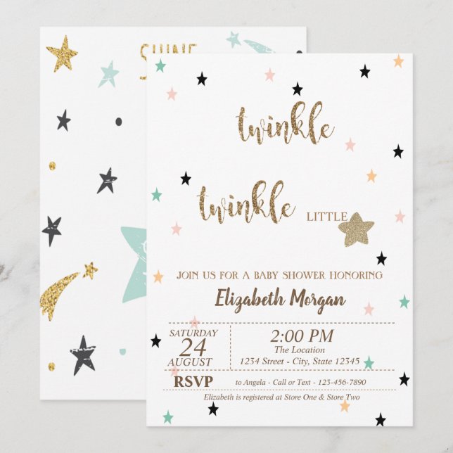Invitación Estrellas, Twinkle Twinkle Little Star Baby Shower (Anverso / Reverso)