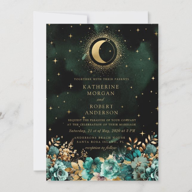 Invitación Estrellas Verde azuladas florales celestes Boda de (Anverso)