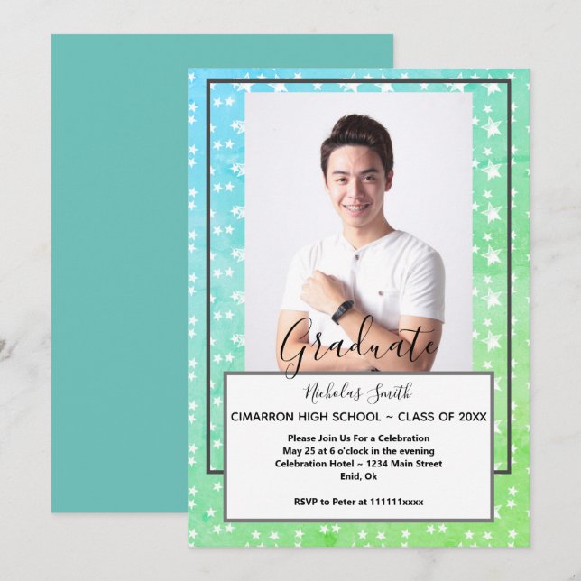 INVITACIÓN ESTRELLAS VERDES DE GRADO MODERNO | PARTE DE GRADU (Anverso / Reverso)