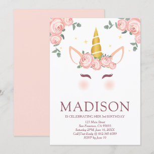 Invitación Estrellas y flores unicornio