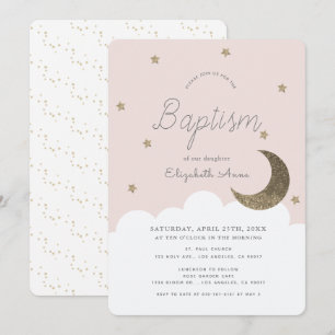 Invitación Estrellas y luna: bautismo Chica rosado en Rubor