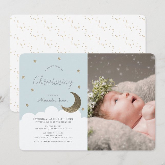 Invitación Estrellas y luna bebé azul foto cristiana (Anverso / Reverso)