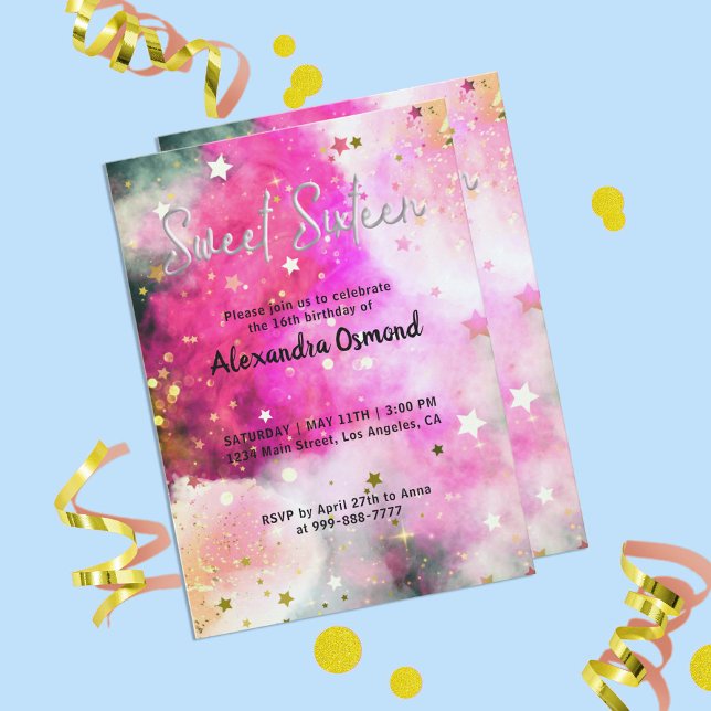 Invitación Estrellas Y Nubes Blancas Rosa Dulces Dieciséis (Subido por el creador)