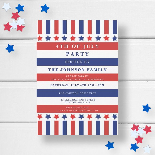 Invitación Estrellas Y Rayas Azules Blancas Rojas 4 De Julio  (Patriotic Red White Blue Balloon 4th Of July Party Invitation)