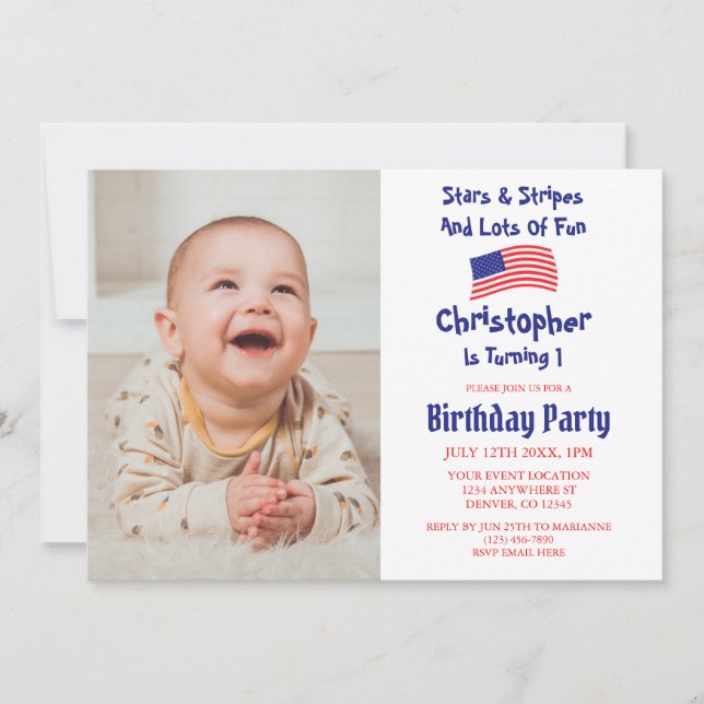 Invitación Estrellas y rayas primer cumpleaños (Anverso)