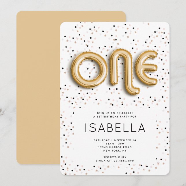 Invitación Estrellas y Relieve metalizado dorado Balón tipo p (Anverso / Reverso)