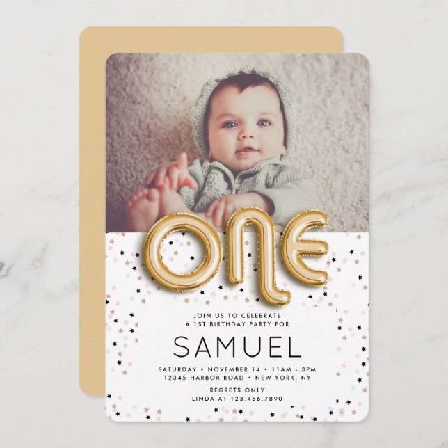 Invitación Estrellas y Relieve metalizado dorado Balón tipo p (Anverso / Reverso)