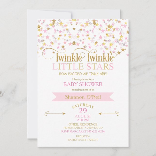 Invitación Estrellitas Brillantes Gemelas Shower Rosa Dorado (Anverso)