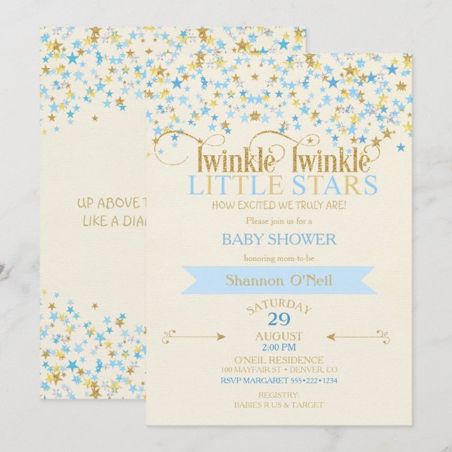 Invitación Estrellitas Brillantes Gemelos Bebés Varones Oro A (Anverso / Reverso)