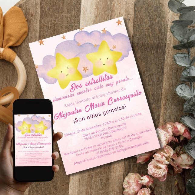 Invitación Estrellitas Españolas Rosadas Gemelas Niñas Fiesta (Subido por el creador)