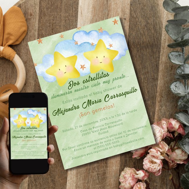 Invitación Estrellitas Verdes Gemelas Shower para Bebé Españo (Subido por el creador)