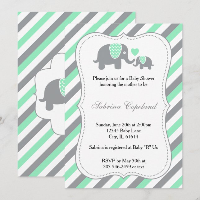 Invitación Estriberas verdes y grises Elefante bebé | BABY SH (Anverso / Reverso)