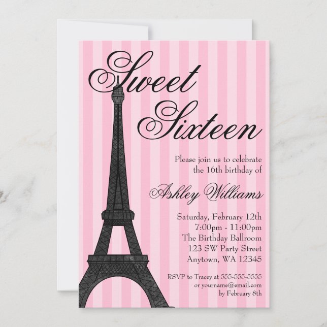 Invitación Estripa rosa París tema dulce 16 cumpleaños (Anverso)