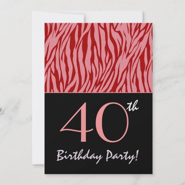 Invitación Estripas de cebra rosa y roja - Cumpleaños 40 (Anverso)