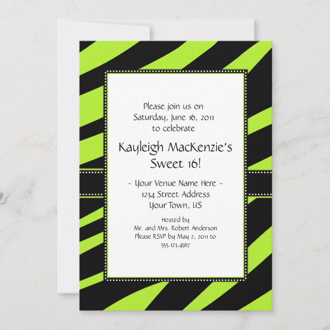 Invitación Estripas de cebra verde limón y negro dulce 16 Inv (Anverso)