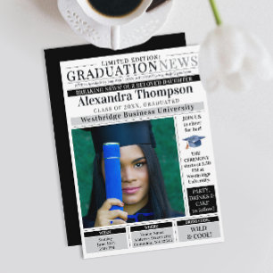 Invitación Estudiante graduado de periódico negro único con e