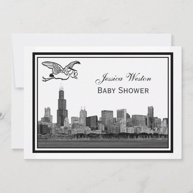 Invitación Etch de la Línea Skyline de Chicago enmarcado como (Anverso)