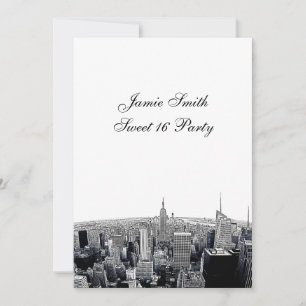 Invitación Etched NYC Fisheye Skyline 2 BW Sweet 16 V