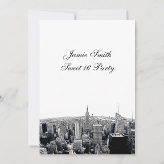 Invitación Etched NYC Fisheye Skyline 2 BW Sweet 16 V