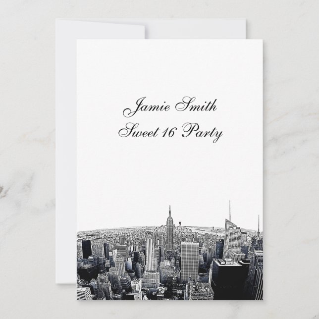 Invitación Etched NYC Fisheye Skyline 2 BW Sweet 16 V (Anverso)
