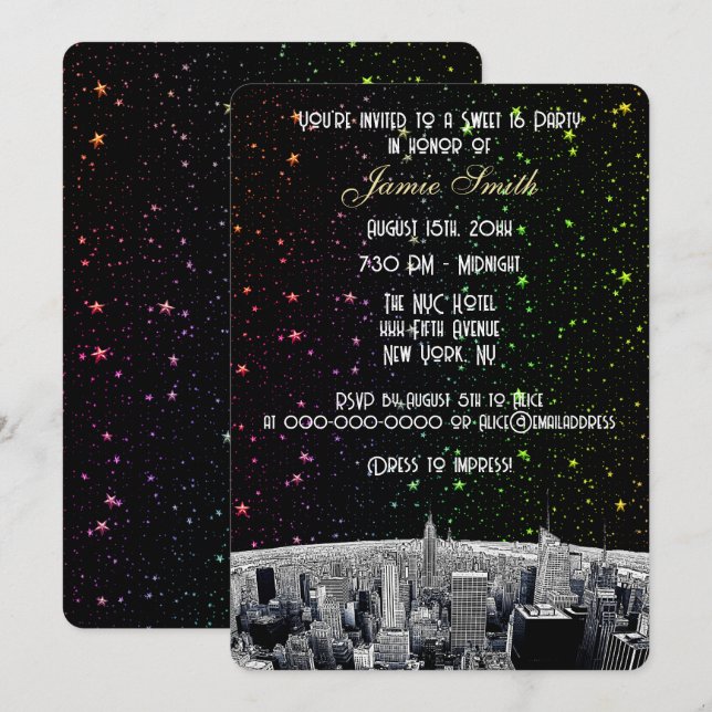 Invitación Etched NYC Silueta 2 Arcoíris Estrella Dulce 16 V (Anverso / Reverso)
