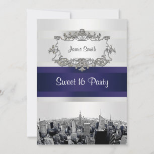 Invitación Etched NYC Silueta 2 Blanco, Cinta Azul Sweet 16
