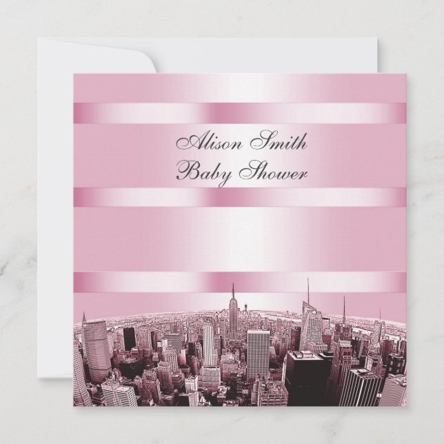 Invitación Etched NYC Silueta 2 Fiesta de Bebé Rosa y Negro (Anverso)