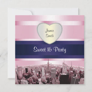 Invitación Etched NYC Silueta 2P Rosa Azul Rbn H Dulces 16 Pt