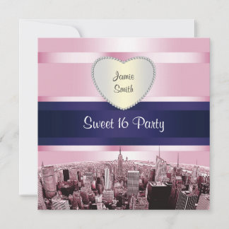 Invitación Etched NYC Silueta 2P Rosa Azul Rbn H Dulces 16 Pt