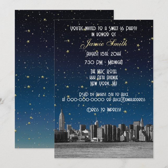Invitación Etched NYC Silueta #3 Estrellado Blu Atardecer Dul (Anverso / Reverso)
