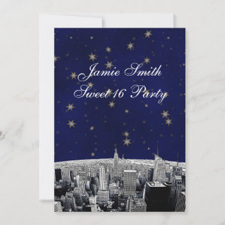 Invitación Etched NYC Skyline 2 Azul Dorado Estrella Dulce 16