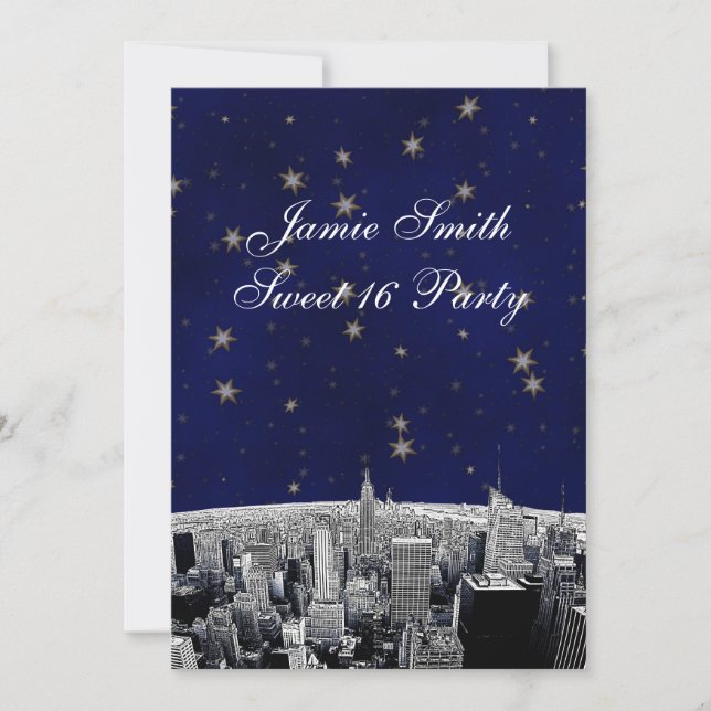 Invitación Etched NYC Skyline 2 Azul Dorado Estrella Dulce 16 (Anverso)