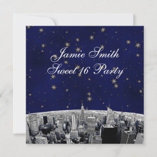 Invitación Etched NYC Skyline 2 Azul Dorado Estrella Fiesta D