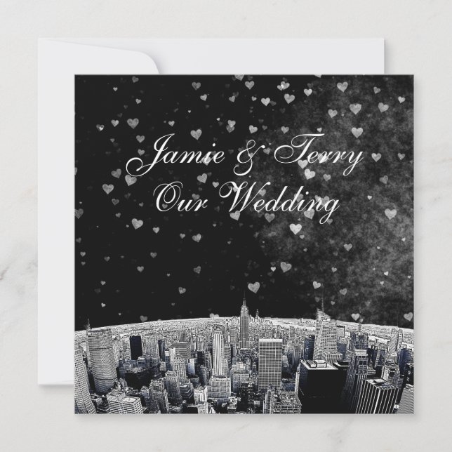 Invitación Etched NYC Skyline #2 Black White Heart Boda (Anverso)