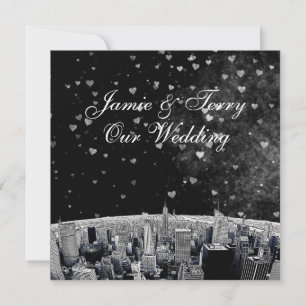 Invitación Etched NYC Skyline #2 Black White Heart Boda