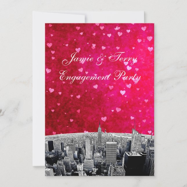 Invitación Etched NYC Skyline #2 Corazón Rosa Rojo Compromiso (Anverso)