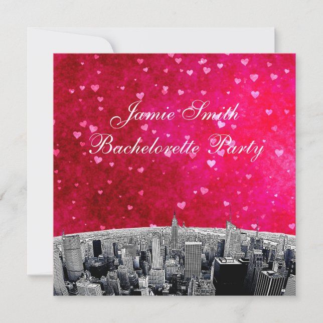 Invitación Etched NYC Skyline #2 Corazón Rosa Rojo Despedida  (Anverso)